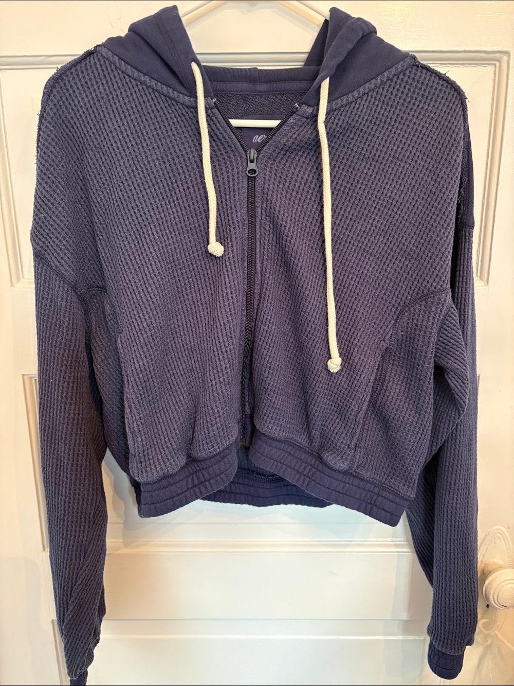 aerie Navy Waffle-Knit Zip Hoodie with Cream Drawstrings